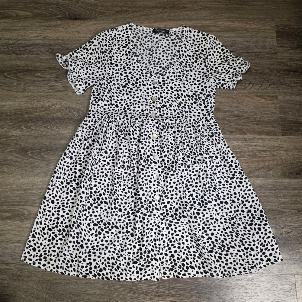 Coeur de Vague Women S Mini Dress‎ Black White Dalmatian Print Button Front Pock